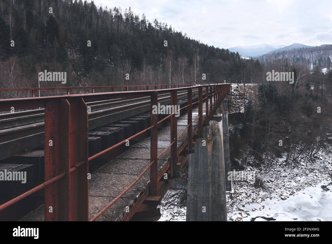 Pont ferroviaire entre les montagnes enneigées. Voyages. Transport. Banque D'Images