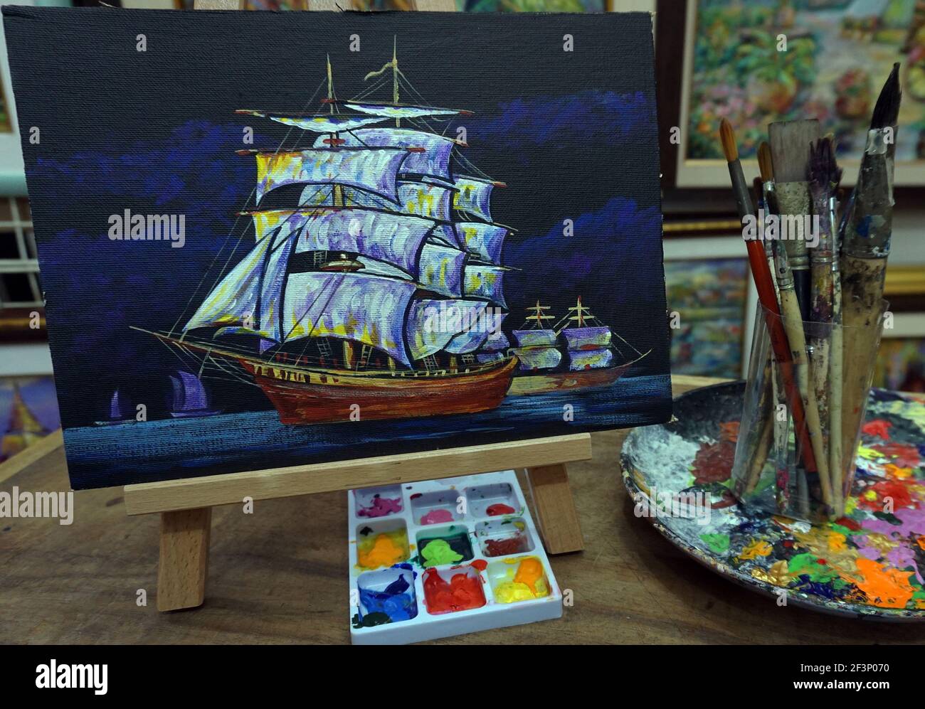 Art peinture huile couleur barque chanceux , voilier , junk boat , Arts visuels Banque D'Images