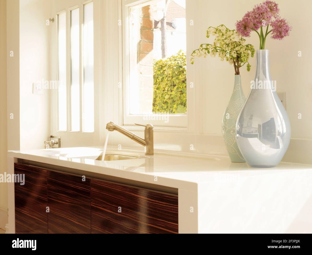 Fonctionnement de l'eau de robinet raccord dans un évier de cuisine Banque D'Images