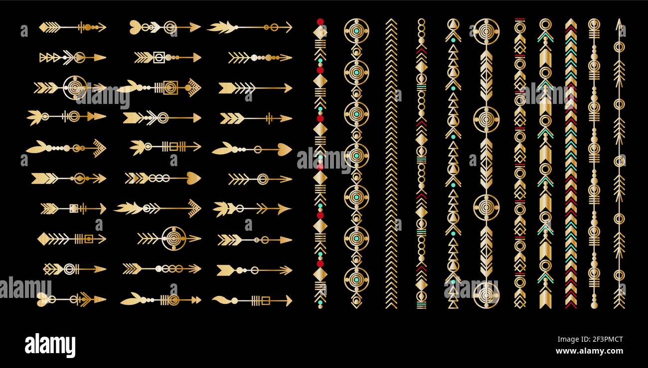 Ensemble de flèches dorées. Collection d'éléments tribaux. Collection de bijoux tendance et géométrique. Éléments de conception vectoriels. Illustration de Vecteur