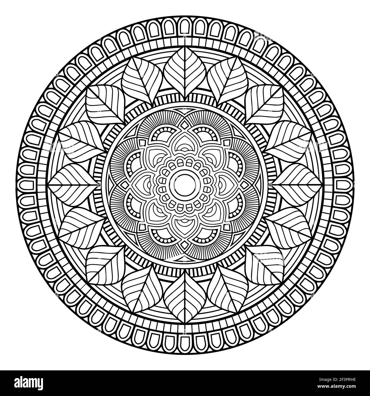 Livre de coloriage pour adultes relaxant et méditant, symbole hindou, vecteur henné noir et blanc rond mandala. Illustration de Vecteur