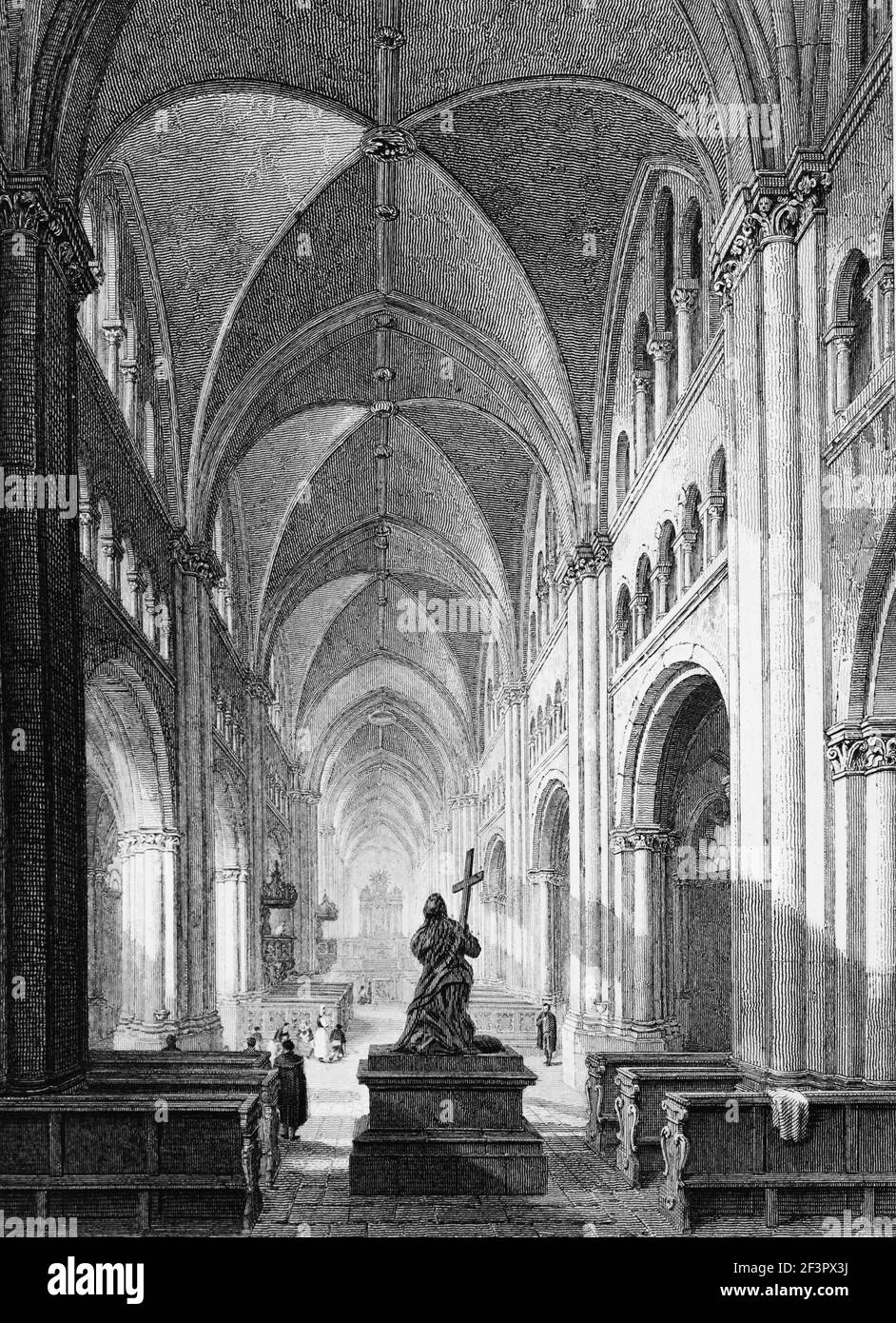 Intérieur de la cathédrale catholique de Bonn, Bonn sur le Rhin, Rhénanie-du-Nord-Westphalie, Allemagne, gravure en acier de 1832 Banque D'Images