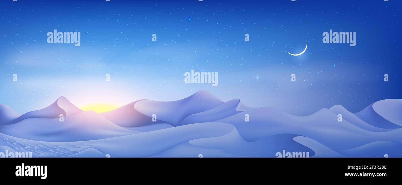 Concept de bannière de vacances musulmanes. Paysage désertique de nuit réaliste avec ciel étoilé, croissant et nuages. Carte de vœux vectorielle pour le festival musulman Eid Al Illustration de Vecteur