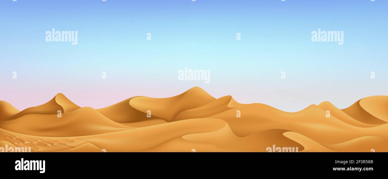 Concept de bannière de vacances musulmanes. Paysage désertique réaliste de jour avec ciel bleu et nuages. Carte de vœux vectorielle pour le festival musulman Eid Al-Adha Illustration de Vecteur