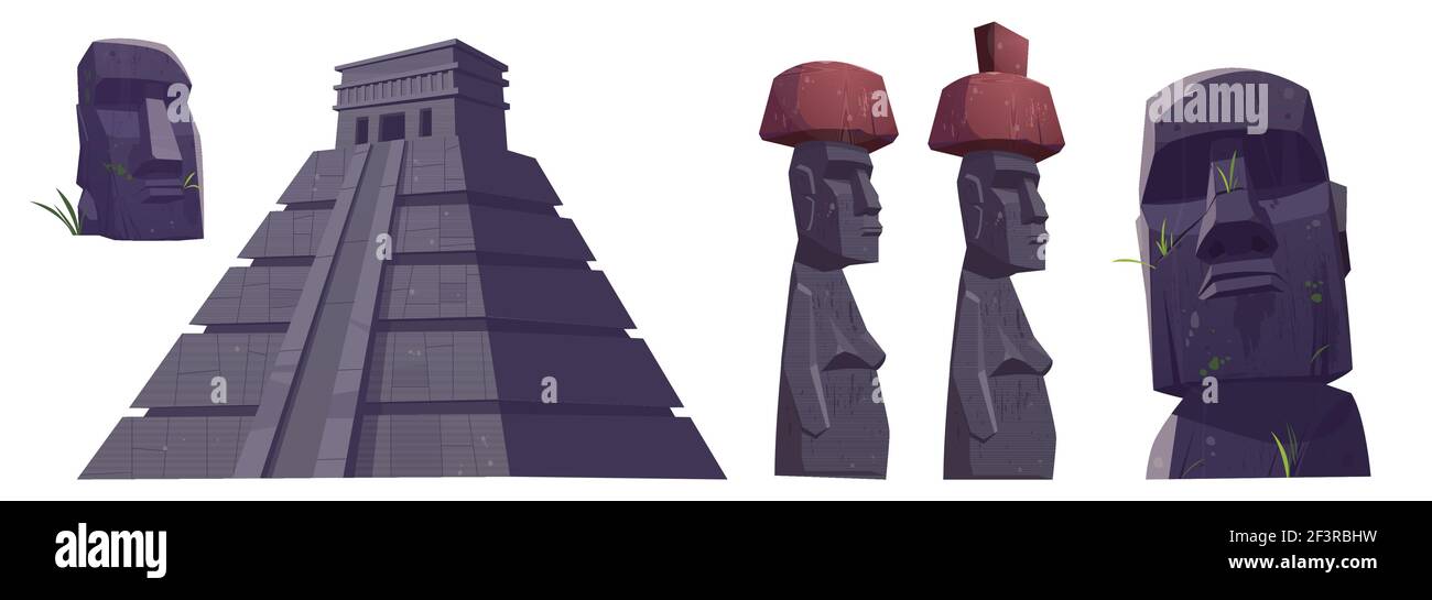 Anciennes statues de Moai et pyramides mayas Illustration de Vecteur