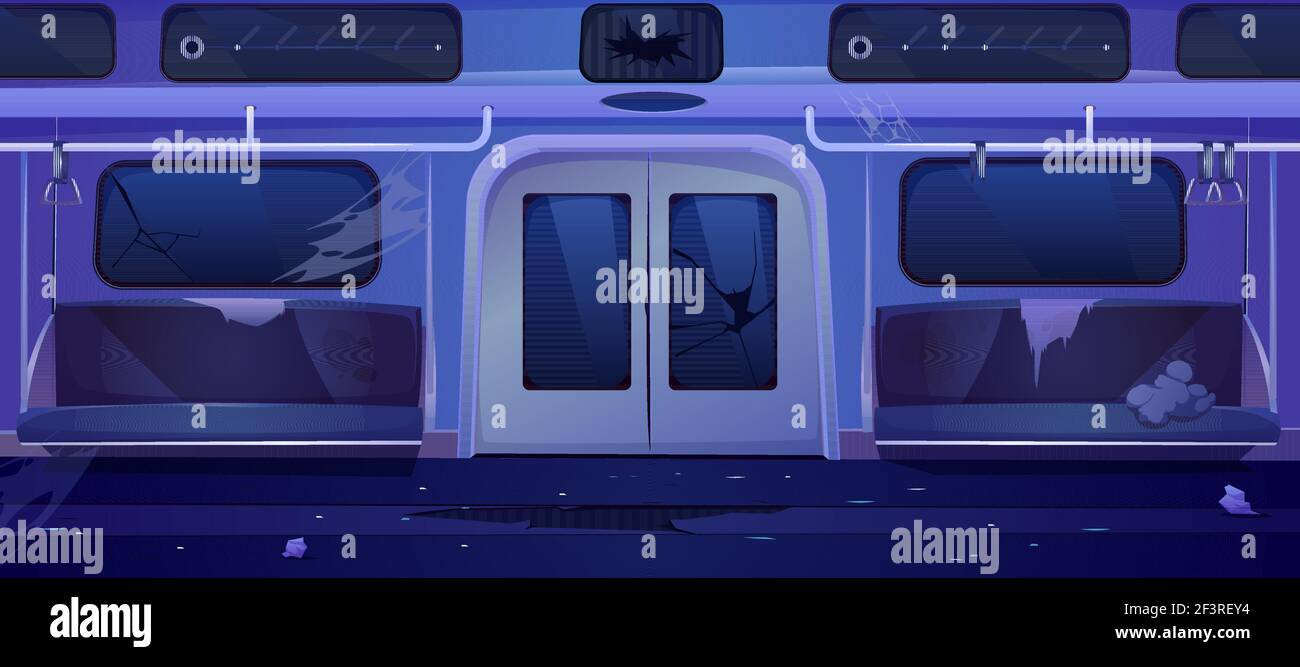 Ancienne voiture de métro, intérieur de wagon de métro cassé Illustration de Vecteur