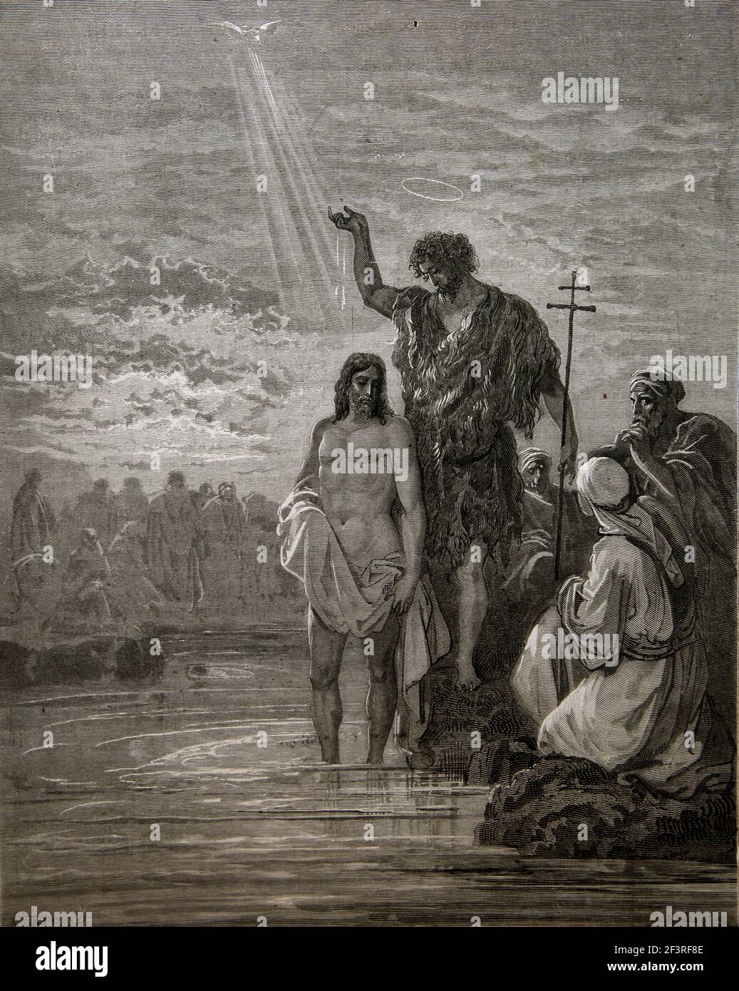 Histoires bibliques - Illustration du « Baptême de Jésus » par Jean-Baptiste du Nouveau Testament Mark1:9-11 Banque D'Images