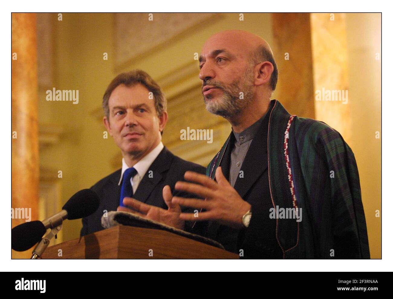 Tony Blair et le dirigeant intérimaire d'Afgan, Hamid Karzaï, dans Downing Street tenant une conférence de presse.pic David Sandison 31/1/2002 Banque D'Images