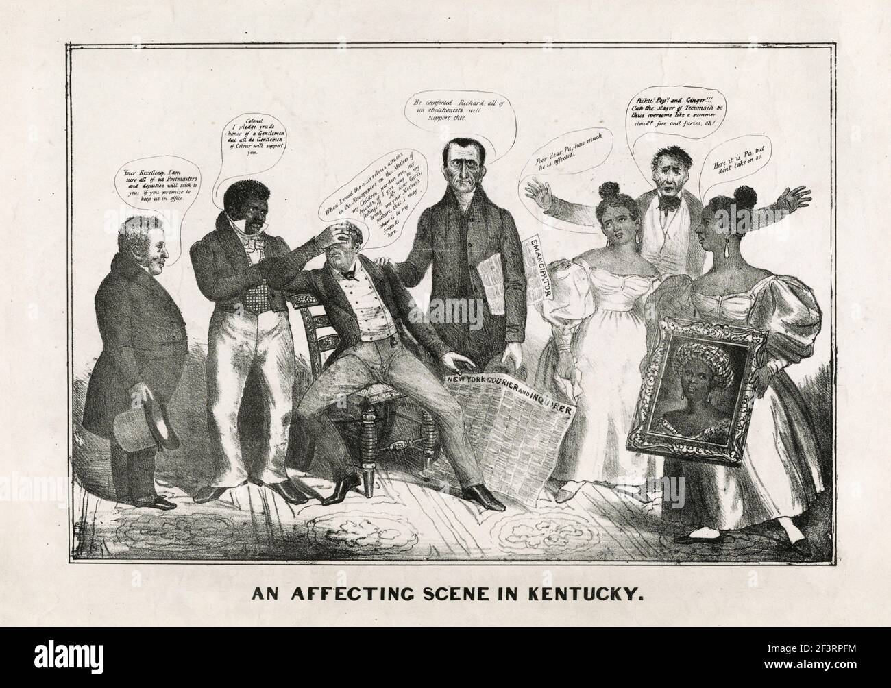 Une scène qui touche le Kentucky - UNE attaque raciste contre le candidat démocrate à la vice-présidence Richard M. Johnson. En mai 1835, la nomination du député du Kentucky au poste de candidat à l'élection de Van Buren en 1836 a suscité des sourcils, même parmi les fidèles du parti, en raison du mariage de Johnson avec une femme de droit commun, Julia Chinn, par laquelle il a fait deux filles. L'artiste ridiculise la situation intérieure de Johnson, ainsi que la circonscription démocrate. Assis dans une chaise avec sa main sur son visage, un Johnson visiblement affolé laisse un exemplaire du « New York Courier and Enquirer » de James Watson Webb Banque D'Images