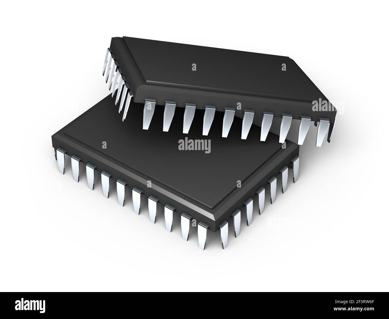 Deux micropuces isolées sur fond blanc. Rendu 3d haute résolution. Famille de micropuces. Génération de processeurs. Banque D'Images