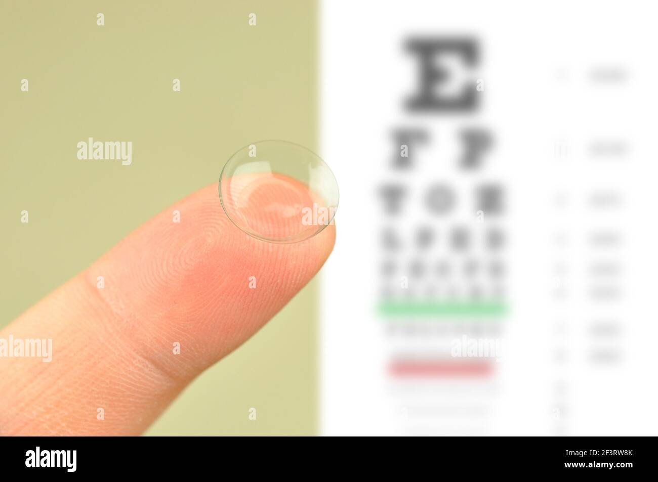 Lentille de contact sur le doigt et diagramme d'œil de snellen. Le  graphique de test oculaire est flou en arrière-plan Photo Stock - Alamy