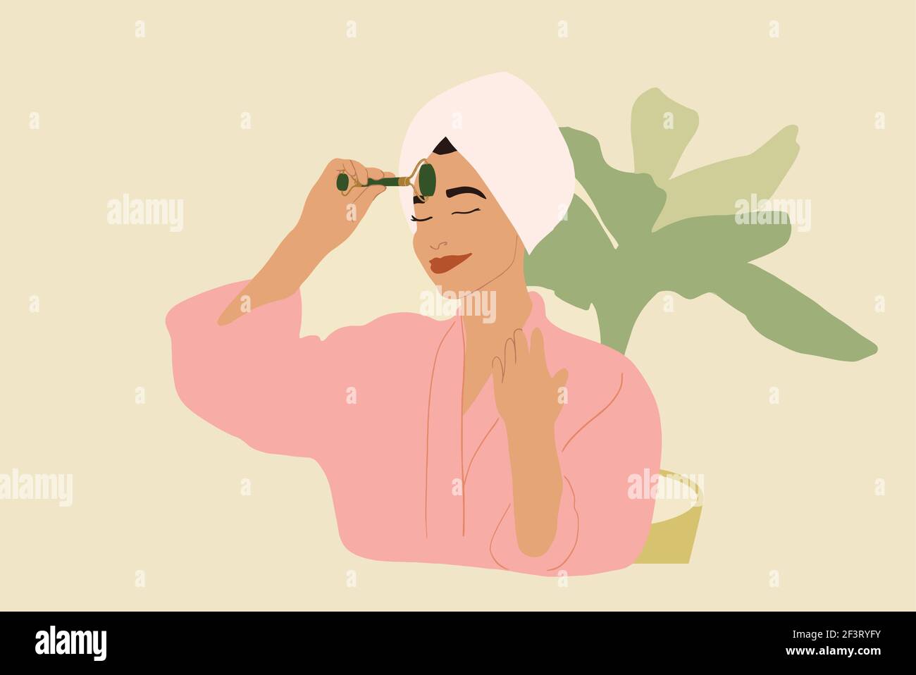 Belle femme en rose peignoir avec rouleau de massage facial faisant un massage anti-âge. Beauté et bien-être. Illustration vectorielle Illustration de Vecteur