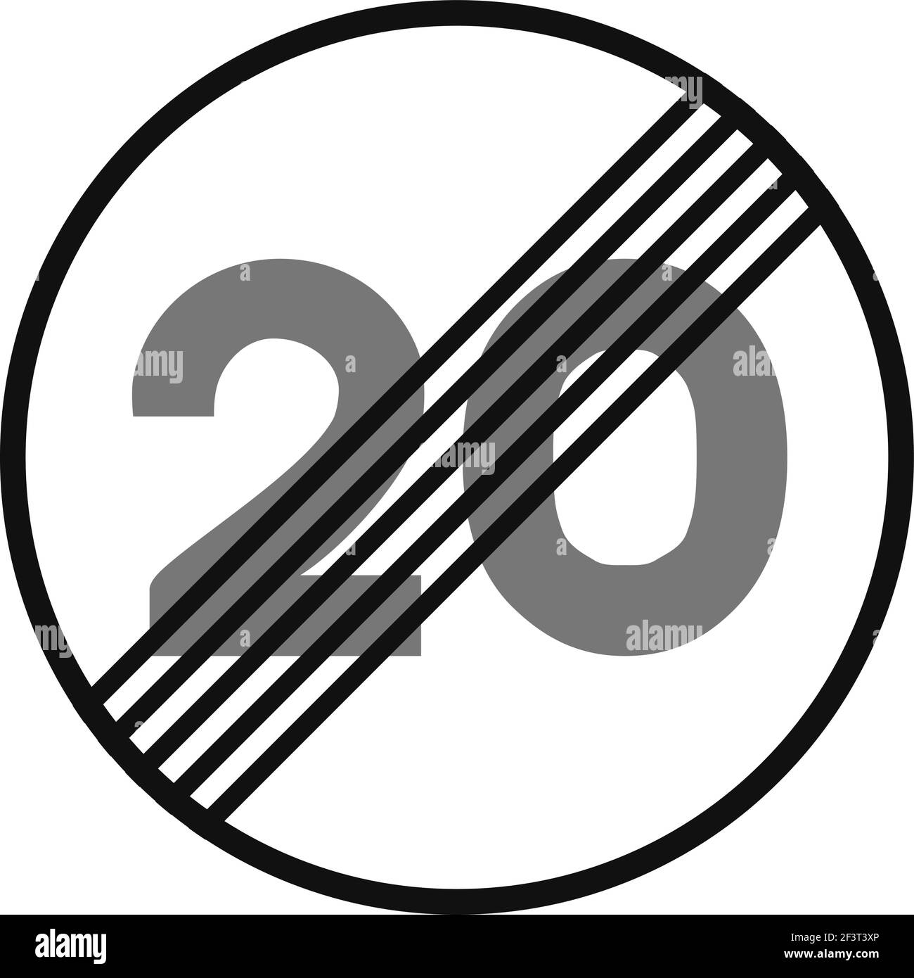 Signal de circulation arrondi en noir et blanc, isolé sur fond blanc. Fin de la limitation de vitesse à vingt Illustration de Vecteur