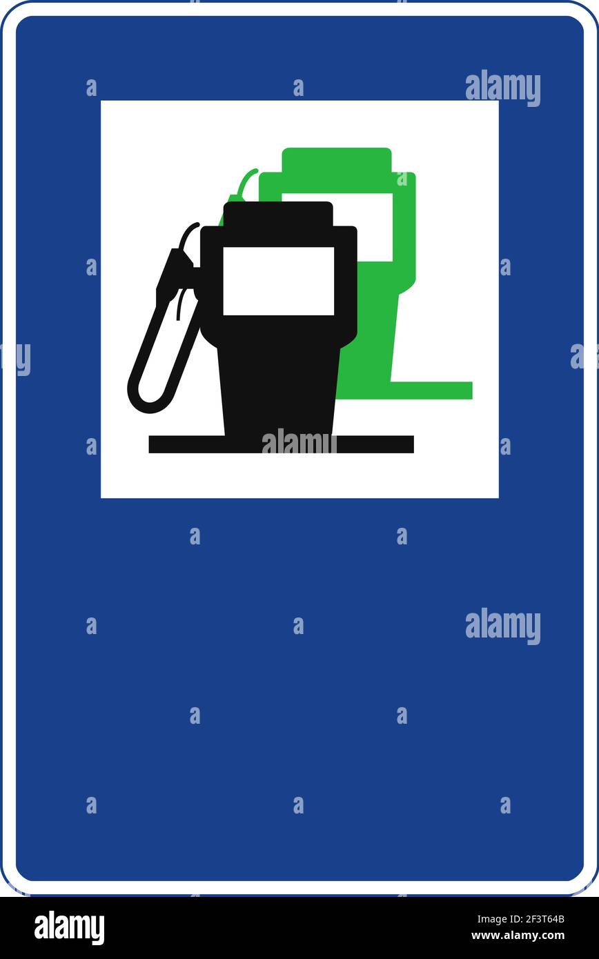 Signal de circulation rectangulaire en bleu et blanc, isolé sur fond blanc. Buse de carburant normale et ECO Illustration de Vecteur