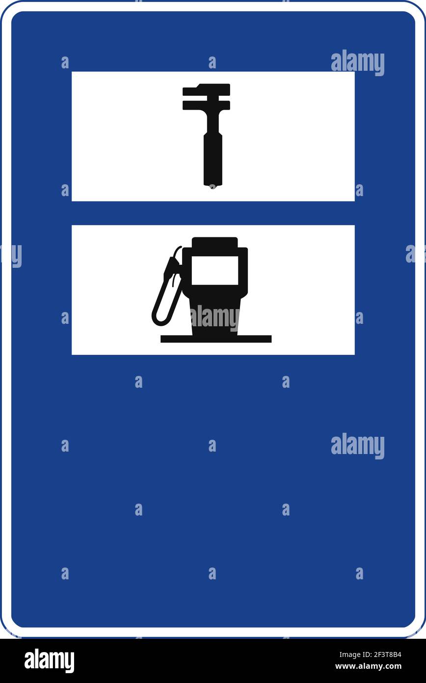 Signal de circulation rectangulaire en bleu et blanc, isolé sur fond blanc. Atelier de réparation automobile et injecteur de carburant Illustration de Vecteur