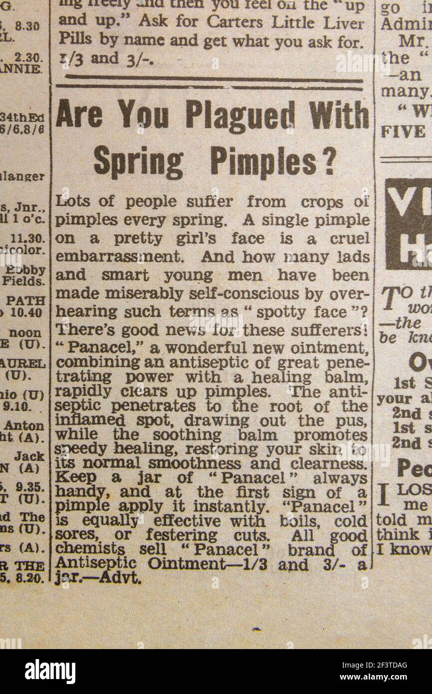 'Publicité pour 'Panacel' antiseptique pommade Daily Sketch journal (réplique), 19 juin 1940 (pendant la bataille d'Angleterre). Banque D'Images