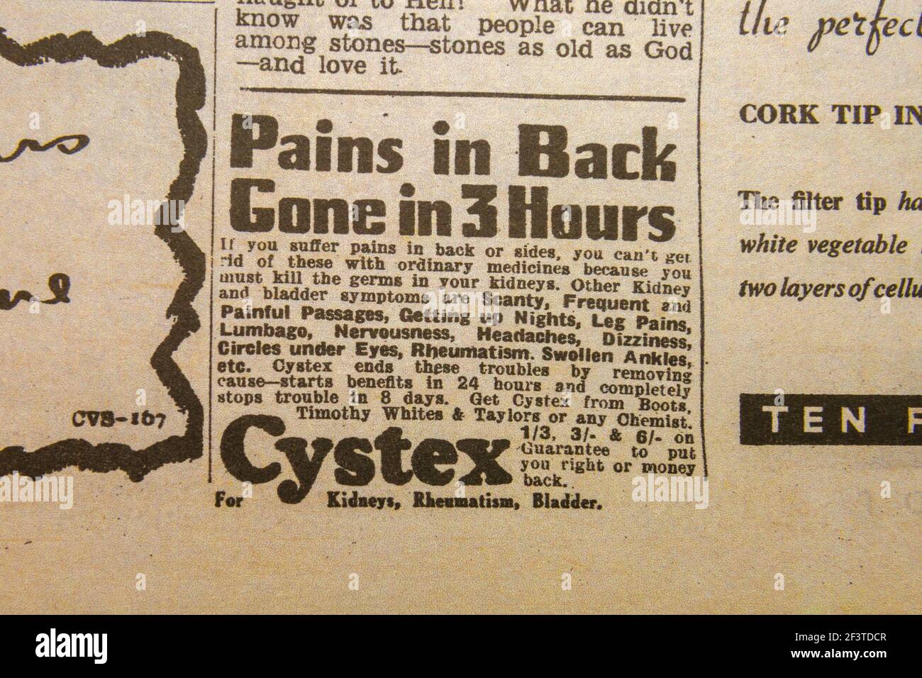 Publicité pour le médicament Cystex pour les symptômes du rein et de la vessie dans le quotidien Sketch journal (réplique), 19 juin 1940 (pendant la bataille d'Angleterre). Banque D'Images