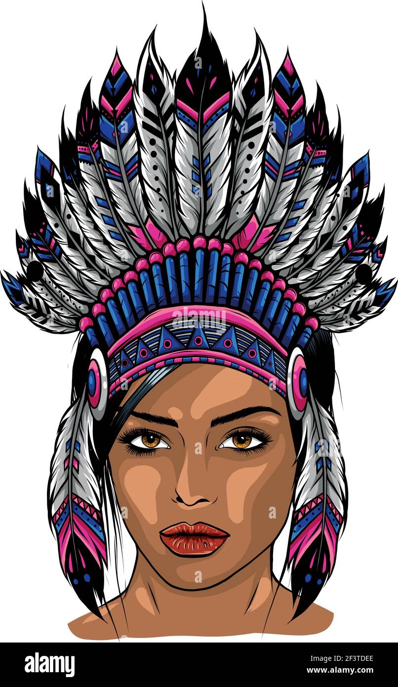 Belle fille dans une héaddress des Indiens d'Amérique du Nord. Illustration de Vecteur