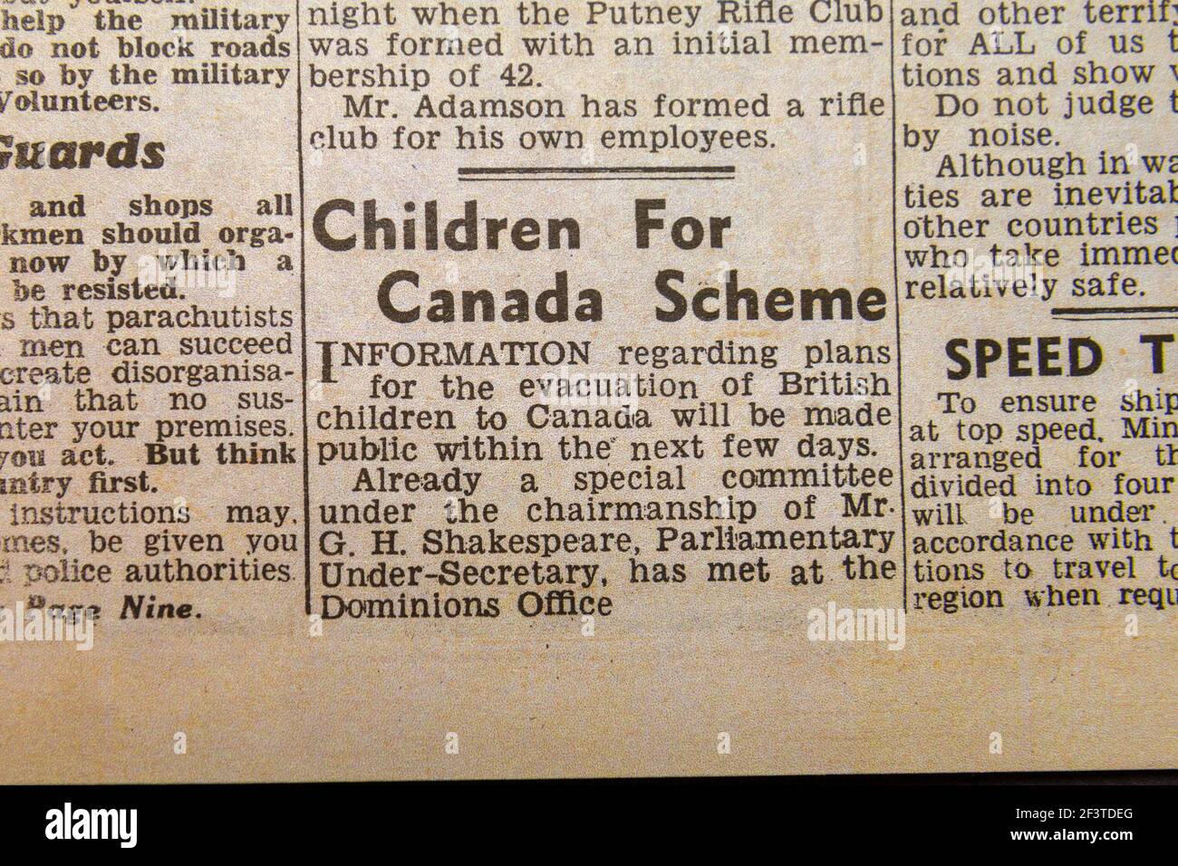 'Children for Canada Scheme' dans le quotidien Sketch, 19 juin 1940 (pendant la bataille d'Angleterre). Banque D'Images