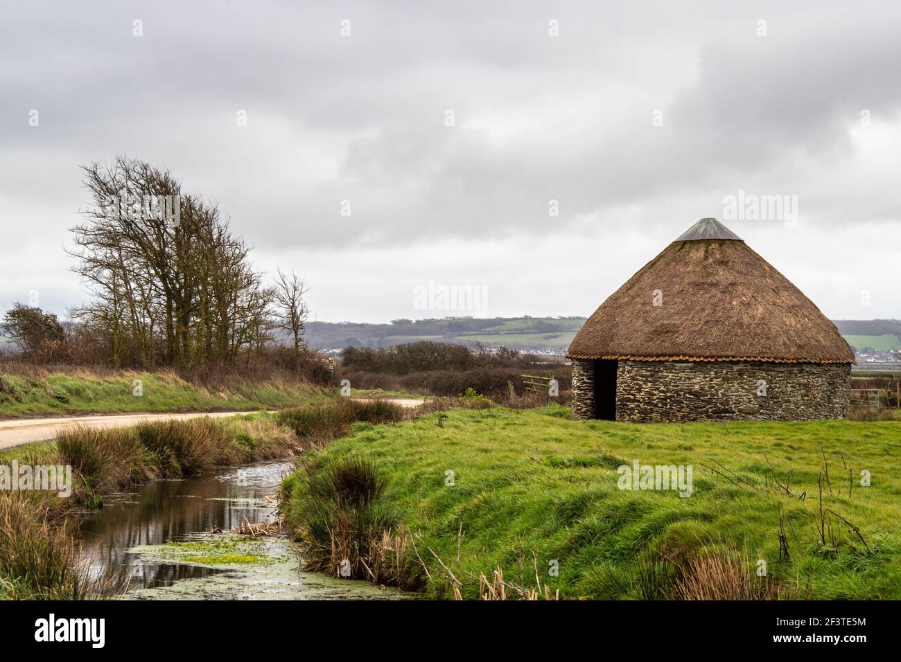 Grange circulaire de foin de lin de chaume sur Braunnton Marshes près de Barnstaple, Devon, Angleterre. Banque D'Images