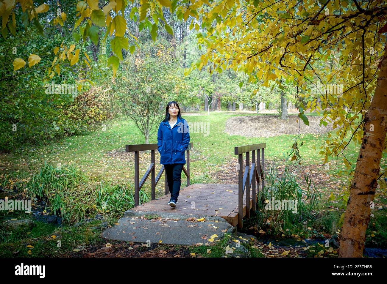 Une femme coréenne traverse une petite passerelle en automne à l'arboretum Finch de Spokane, Washington, États-Unis. Banque D'Images