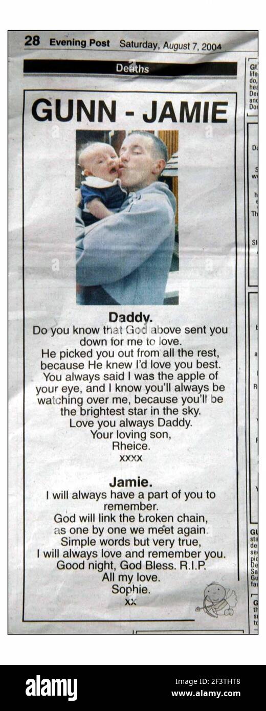 Nottingham..... Avis de décès dans le courrier du soir pour Jamie Gunn qui était dans la voiture avec Marvin Bradshaw qui a été assassiné par Michael O'Brien.CHECK COPYRIGHT ET TERRY JUDD STORY COPY PAR David Sandison 10/8/2004 Banque D'Images