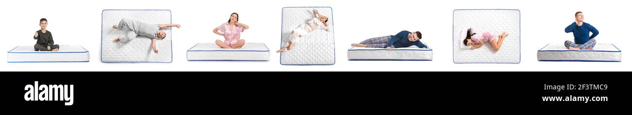 Ensemble de personnes avec matelas orthopédique moderne sur fond blanc Banque D'Images