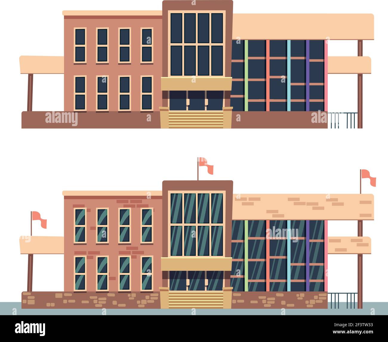 Bâtiment scolaire sur fond blanc. Bâtiment de l'université avec drapeau, bâtiment de l'université d'institut dans le style plat. Illustration vectorielle Illustration de Vecteur