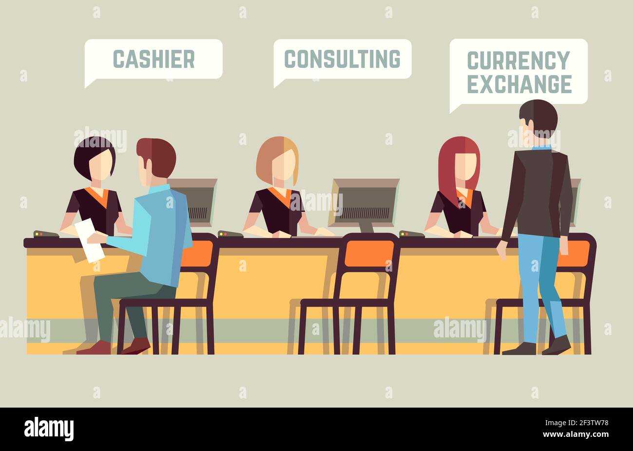 Intérieur de banque avec caissière, consultation, change de devises. Concept de vecteur bancaire. Finance bancaire, gestion du personnel intérieur de banque, banque visiteur, interdiction de client Illustration de Vecteur Intérieur de banque avec caissière, consultation, change de devises. Concept de vecteur bancaire. Finance bancaire, gestion du personnel intérieur de banque, banque visiteur, interdiction de client Illustration de Vecteur