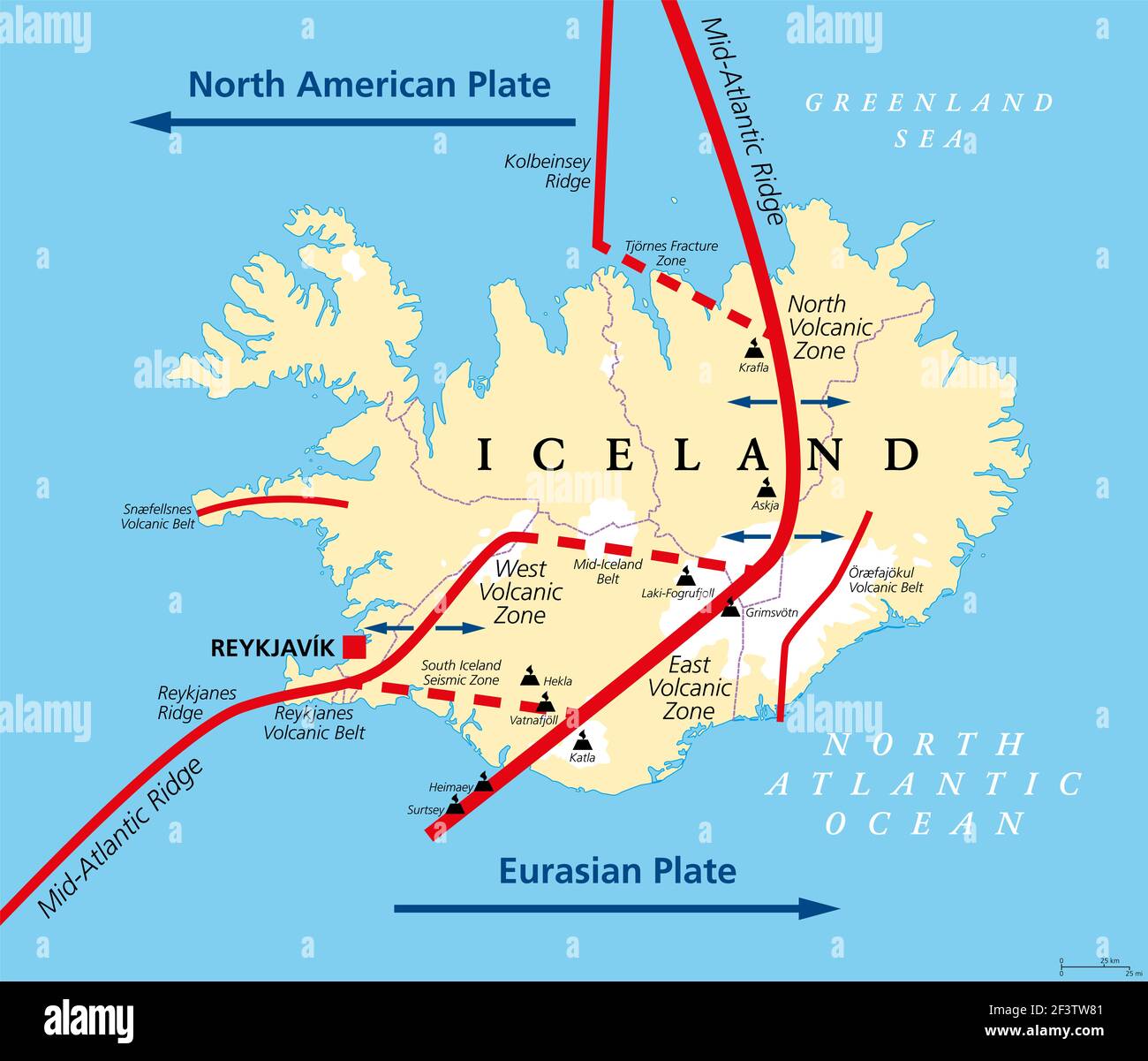 Géologie de l'Islande carte politique. L'Islande se trouve sur la frontière divergente entre la plaque eurasienne et la plaque nord-américaine. Carte avec zones volcaniques. Banque D'Images