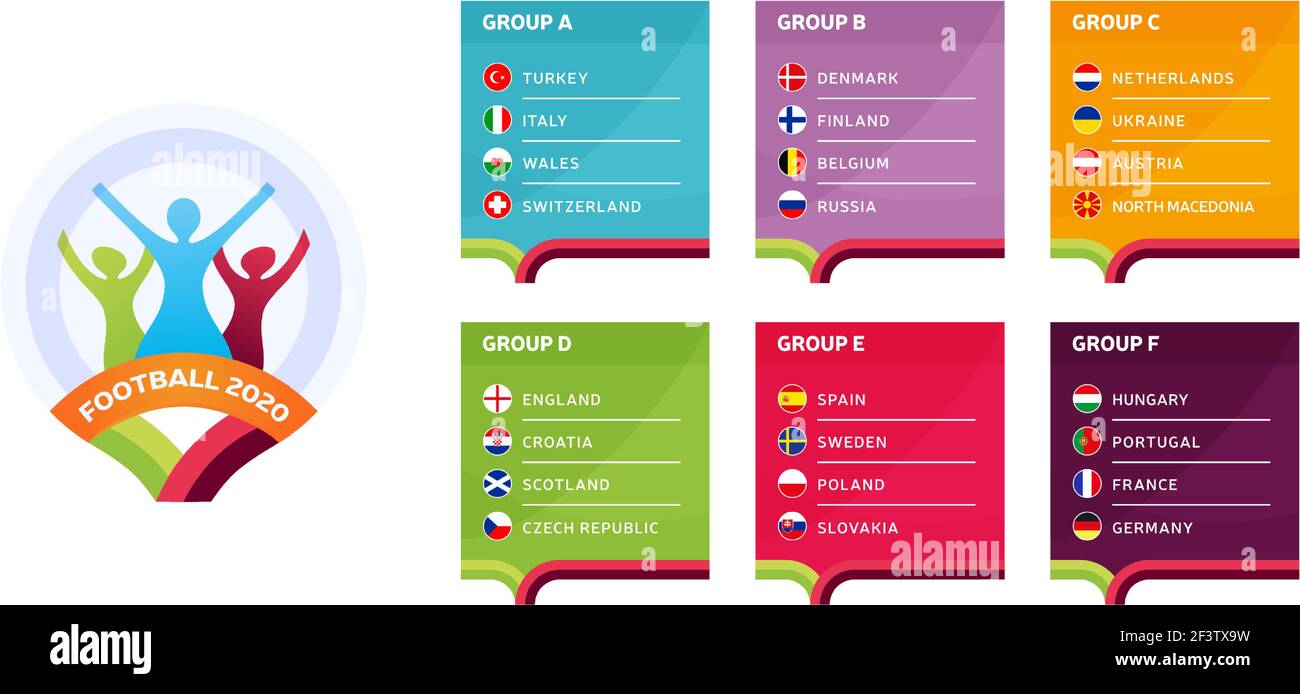 Championnat européen de football 2020 phase finale groupes vecteur stock illustration. Tournoi européen de football 2020 avec fond. Drapeaux de pays vectoriels Illustration de Vecteur