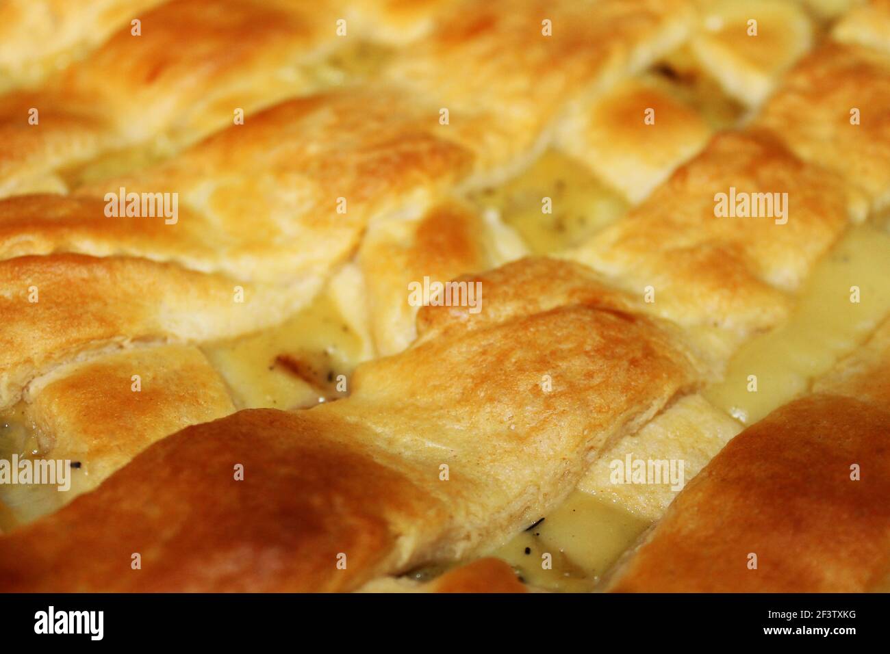 Gros plan d'une tarte à la casserole de poulet avec une pâtisserie latiquée dorée. Banque D'Images