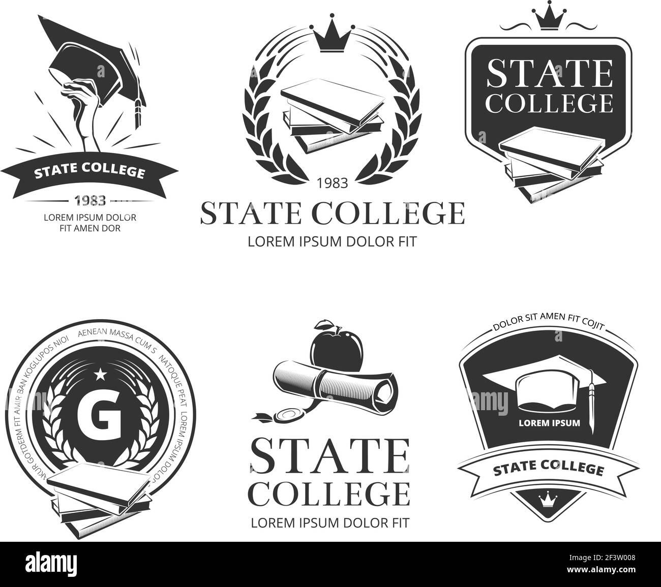 L'université, l'académie, le collège et l'école vecteur emblèmes, étiquettes, badges. Emblème de l'Académie, insigne de l'université d'État, label d'université, université d'État d'éducation Illustration de Vecteur