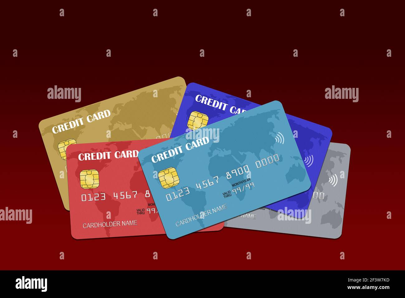 Rendu 3D d'une pile de cartes de crédit fictives multicolores isolées sur fond rouge avec espace de copie. Banque D'Images