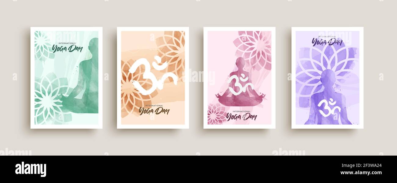Ensemble d'illustrations pour affiches de la journée internationale de yoga. Les gens faisant la méditation lotus pose avec la fleur et om symbole décoration dans abstrait aquarelle p Illustration de Vecteur