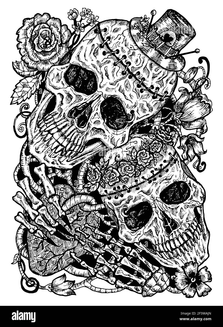Illustration noir et blanc avec deux crânes d'amoureux tenant coeur, décoré de fleurs. Fond mystique pour Halloween, ésotérique, gothique, lourd Illustration de Vecteur