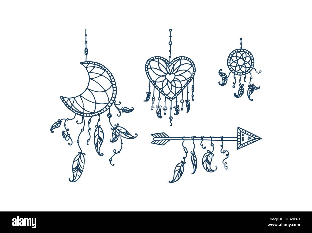 Boho dreamcapchers avec plumes et flèche. Ensemble de rêveurs en forme de croissant de lune, de cœur et de cercle. Illustration vectorielle dans doodle Illustration de Vecteur
