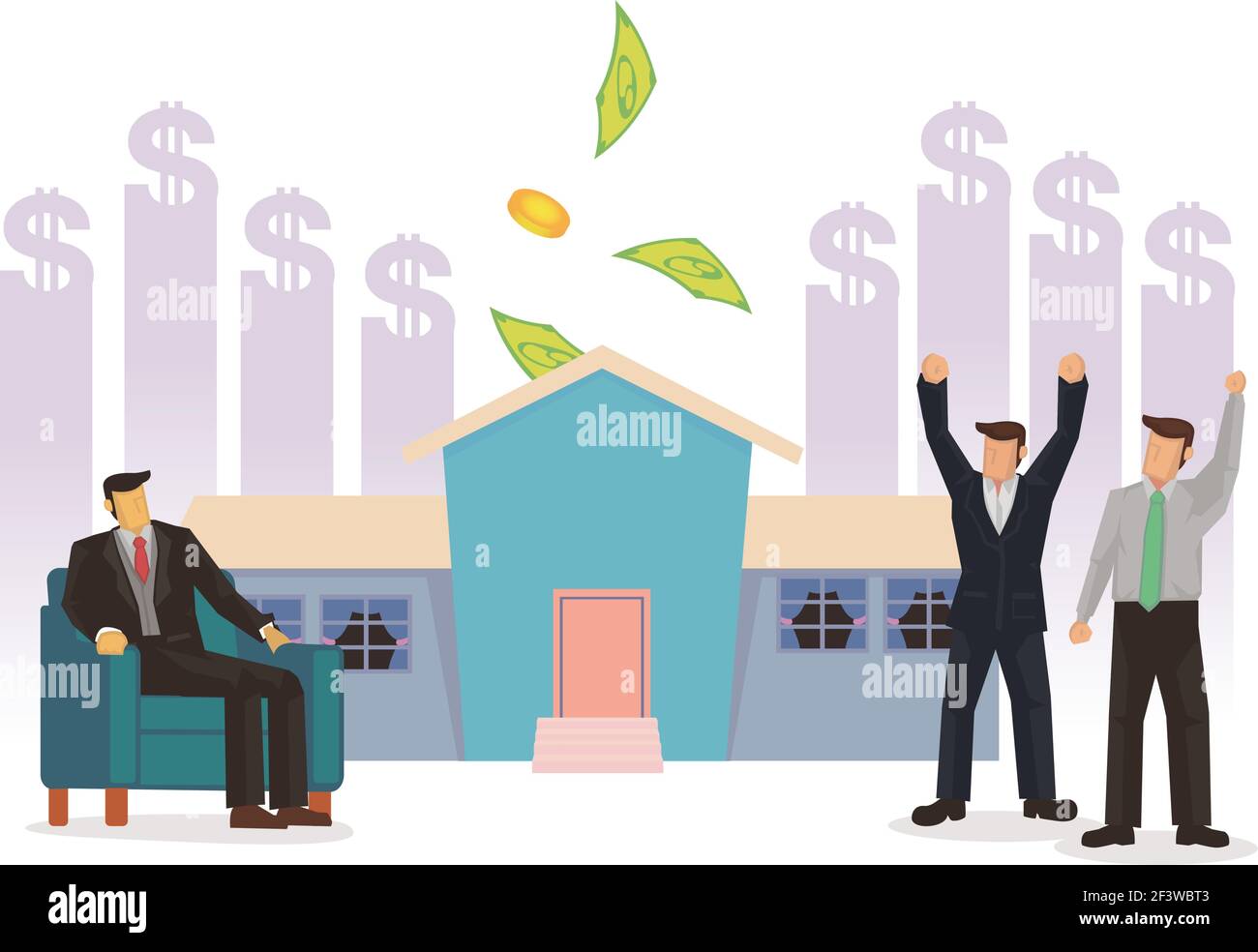 Les hommes d'affaires sont heureux de l'augmentation du coût de leur propriété. Concept d'investissement immobilier. Illustration vectorielle. Illustration de Vecteur