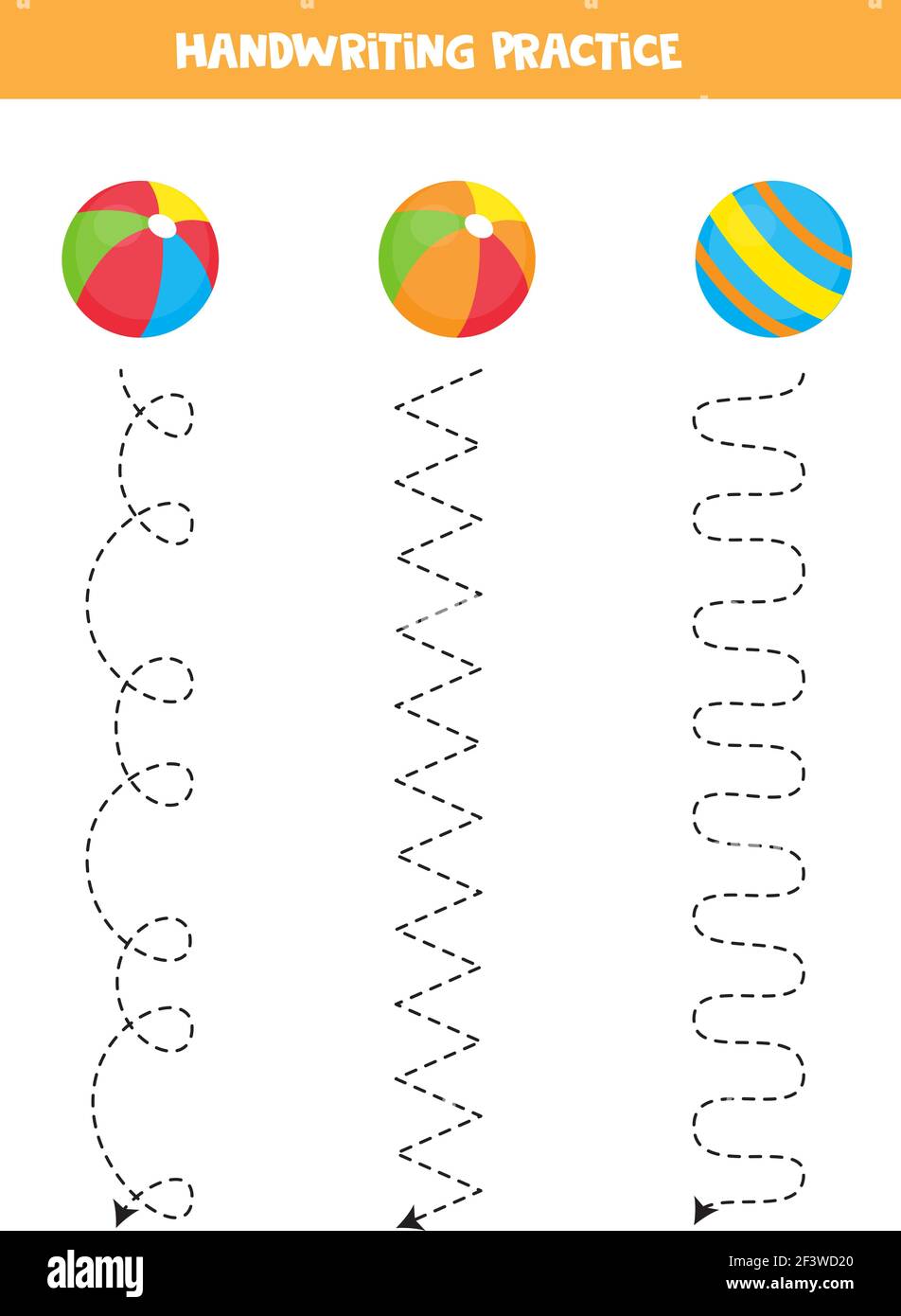Lignes de traçage pour enfants avec balles colorées. Pratique de l'écriture manuscrite pour les enfants. Illustration de Vecteur