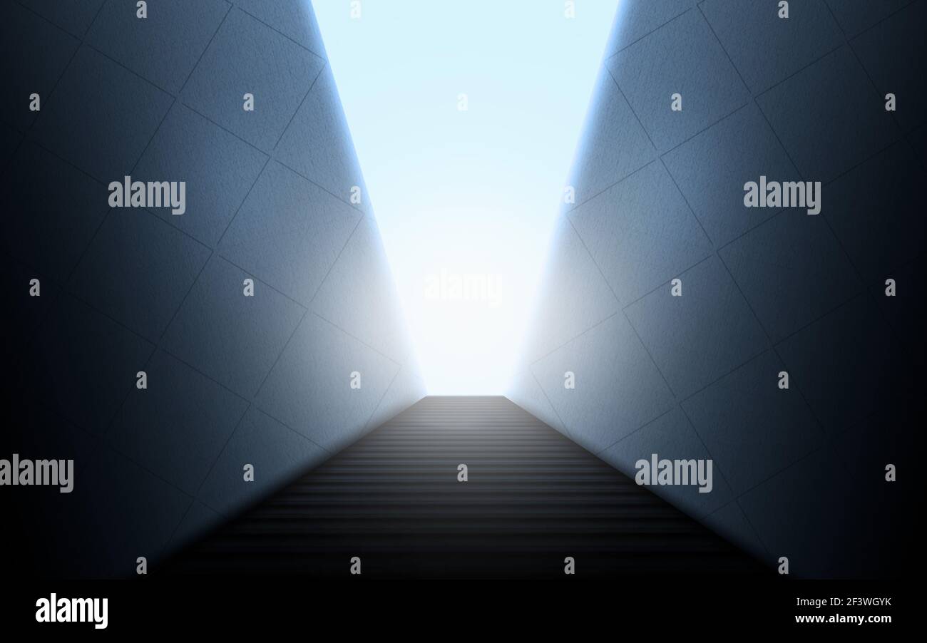Lumière à travers un grand escalier avec un énorme mur géométrique. Bâtiment. Concept surréaliste, les manières d'affaires et le succès, but et achienvelnet. Passage Banque D'Images