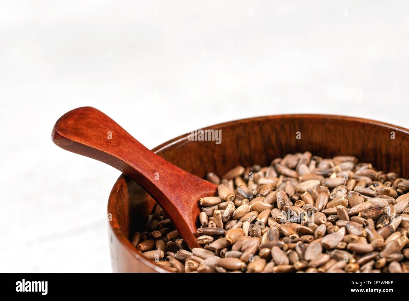 Graines de chardon béni - Silybum marianum - dans une petite tasse en bois avec une cuillère sur pierre blanche comme le tableau, détail de gros plan Banque D'Images