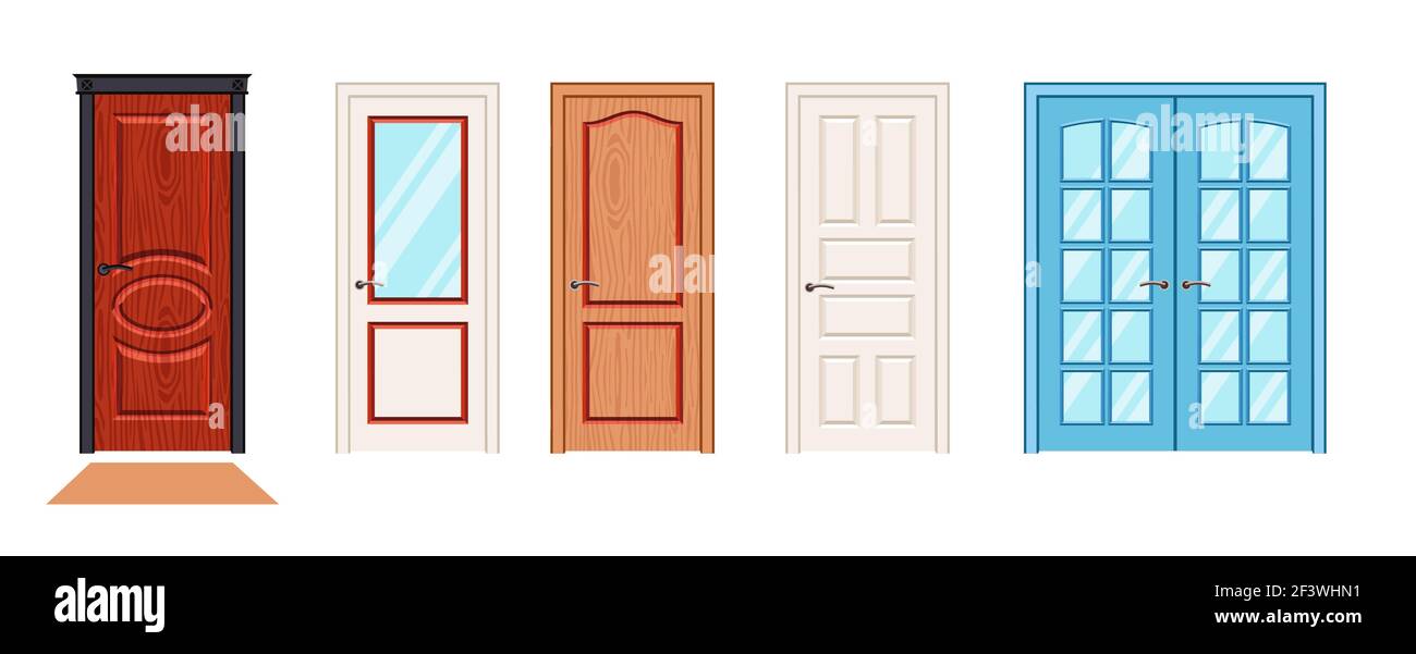 Portes intérieures ou avant isolées sur fond blanc. Cinq portes vectorielles de couleur rouge, bleue, blanche et marron. Portes avec ou sans verre. Réaliste Illustration de Vecteur