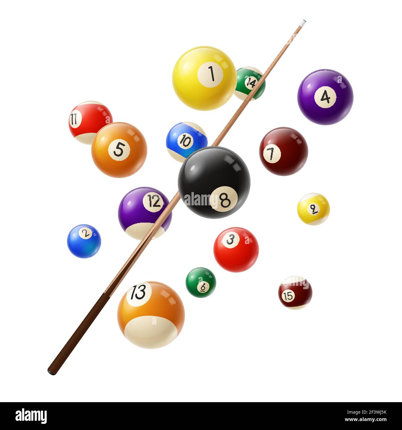 Boules de billard et vecteur 3D réaliste CUE. Boules de billard de différentes couleurs avec chiffres volant dans l'air, repère en bois isolé sur fond blanc. Snooker o Illustration de Vecteur