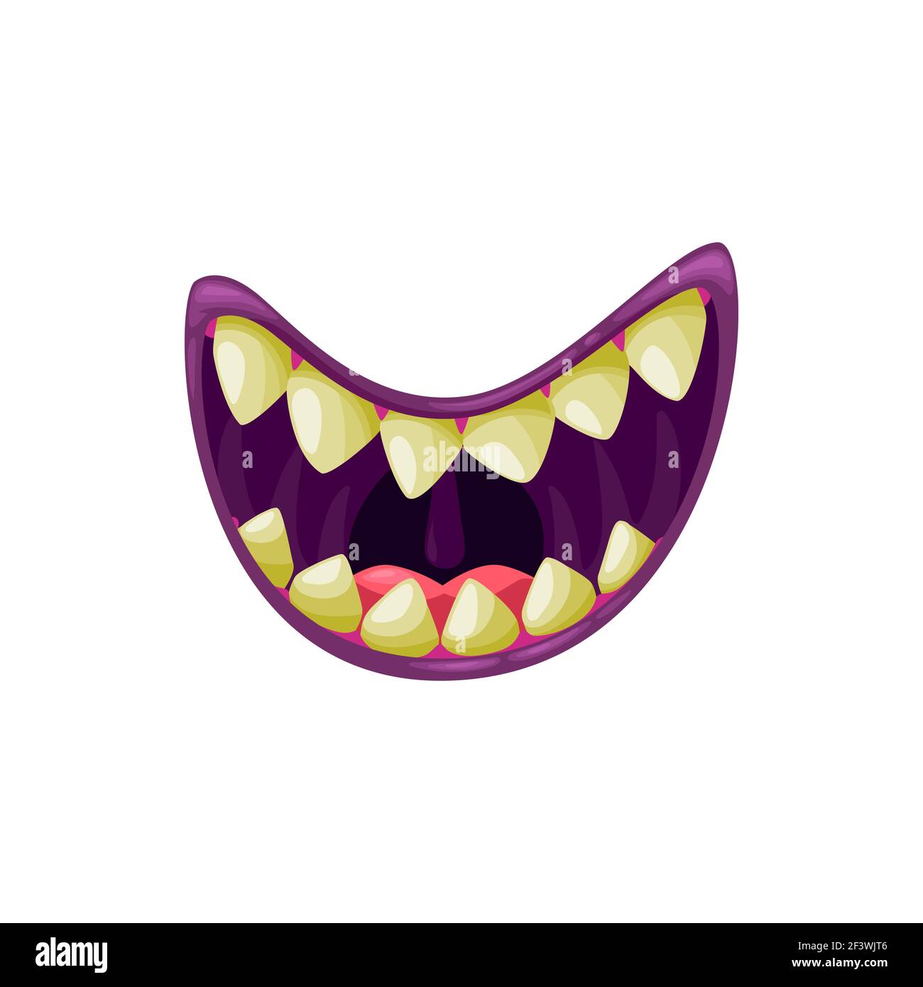 Monster bouche sourire symbole vecteur souriant, les mâchoires créepy sourire avec des dents jaunes nettes. Caricature souriante Halloween créature ouverte MAW isolée sur fond blanc Illustration de Vecteur