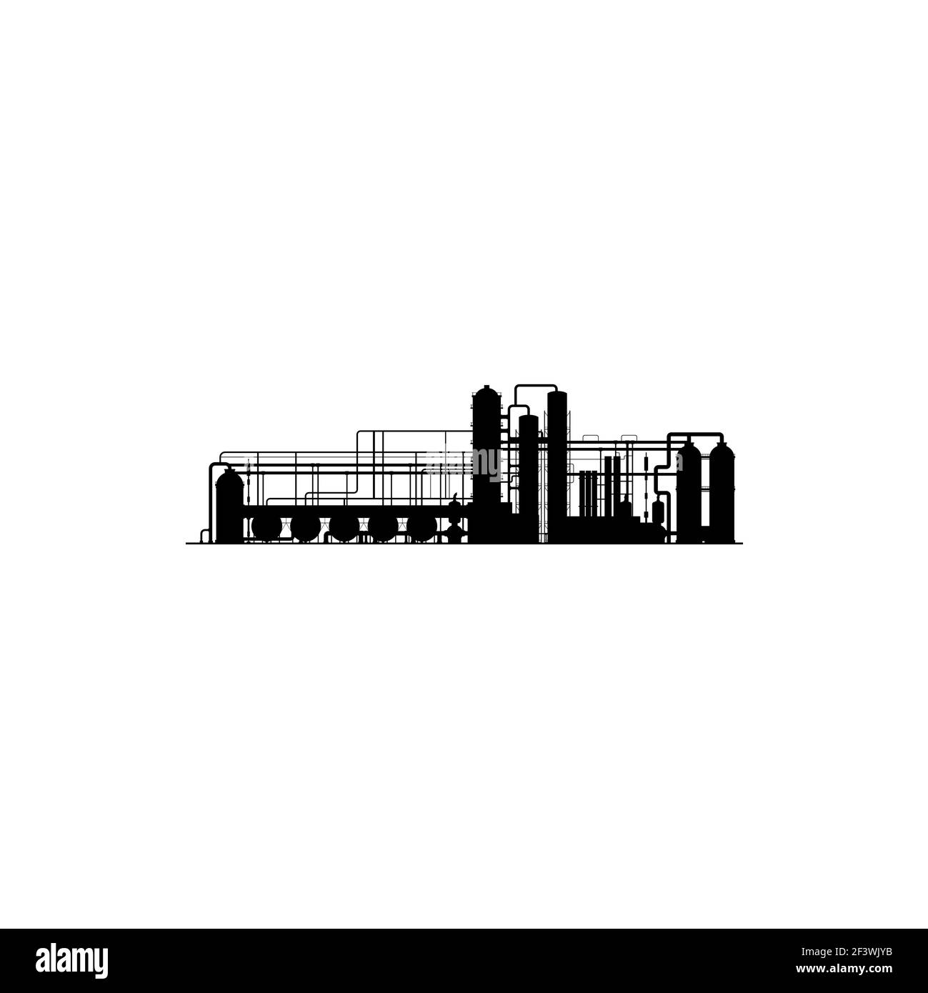 Usine chimique ou de raffinerie, icône de vecteur de pipeline, silhouette noire d'usine industrielle avec des barils de pétrole ou de pétrole, élément de conception isolé sur whi Illustration de Vecteur
