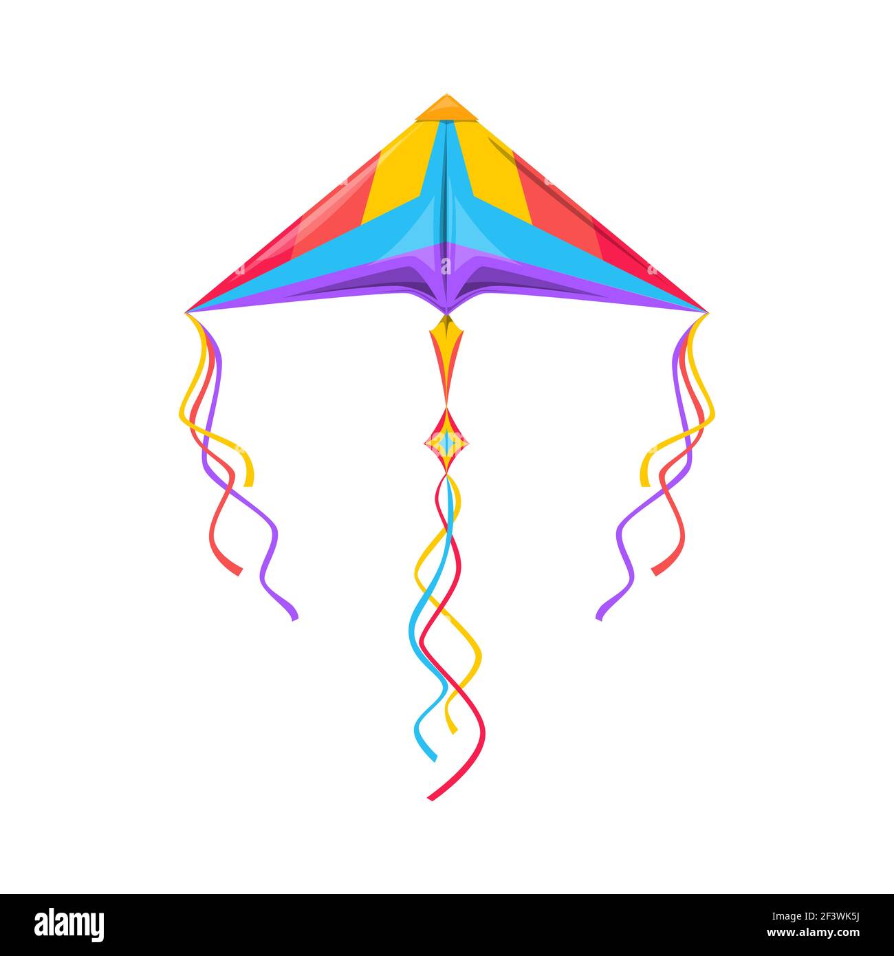 Cerf-volant en forme de triangle avec cordes dans le ciel isolé jouet pour enfants. Objet vecteur de dessin animé volant dans le ciel. Objet d'activités d'été en extérieur, kite-ballon flo Illustration de Vecteur