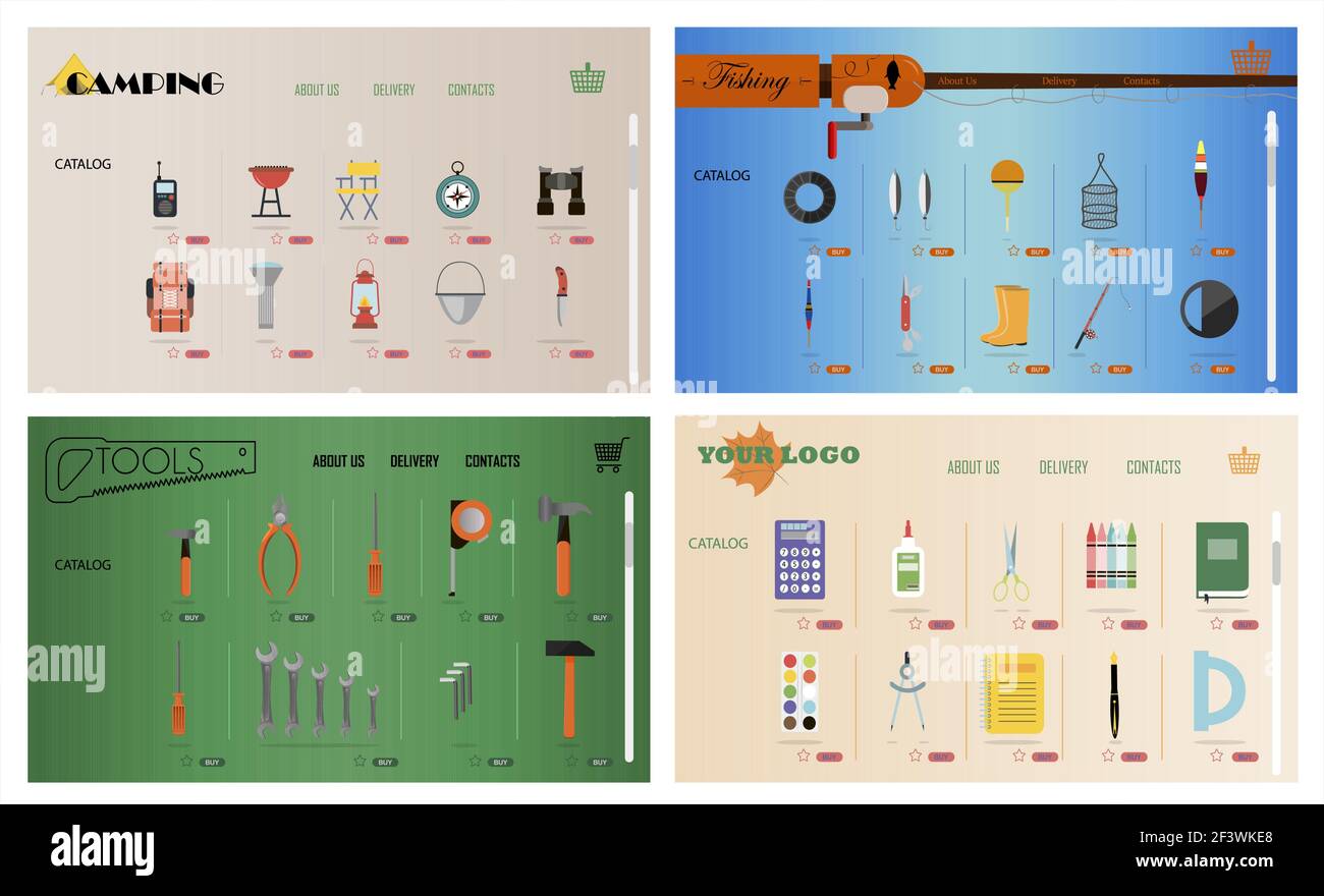 Un ensemble de sites pour les magasins en ligne de pêche, de camping, d'outils de construction, de papeterie. Illustration vectorielle de pages Web. Pages avec entreprise Illustration de Vecteur