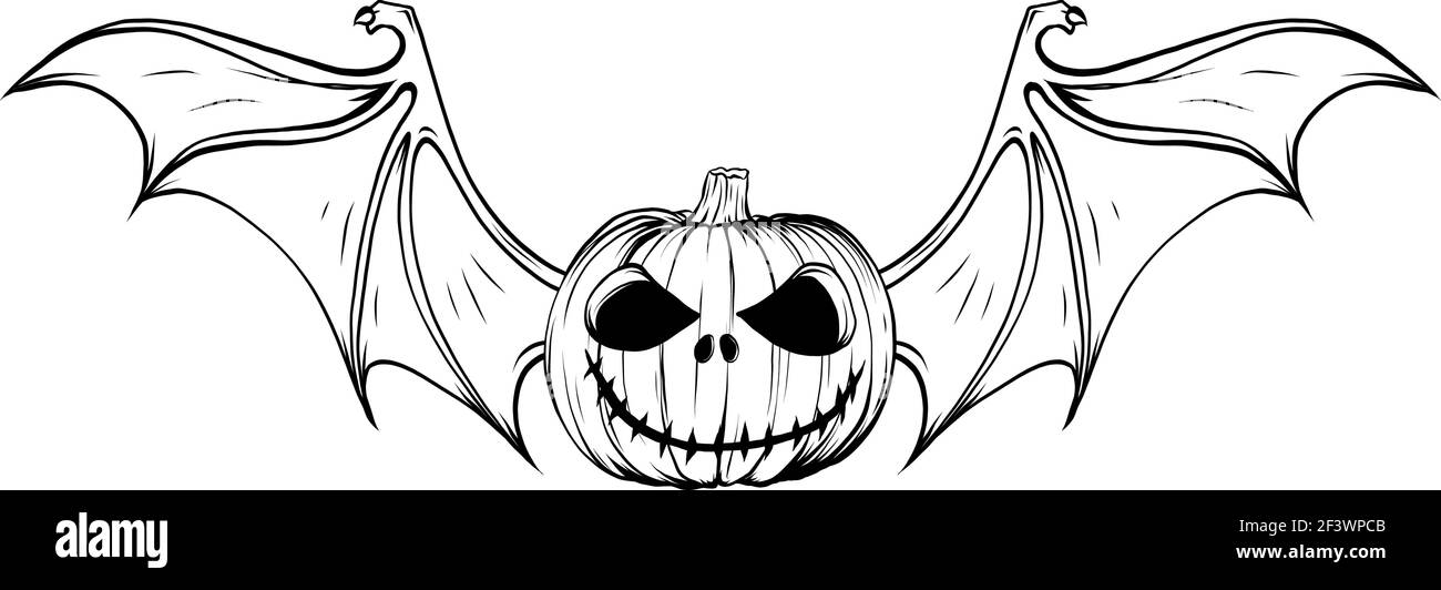 Dessinez en noir et blanc de la citrouille d'Halloween avec une chauve-souris illustration du vecteur wings Illustration de Vecteur