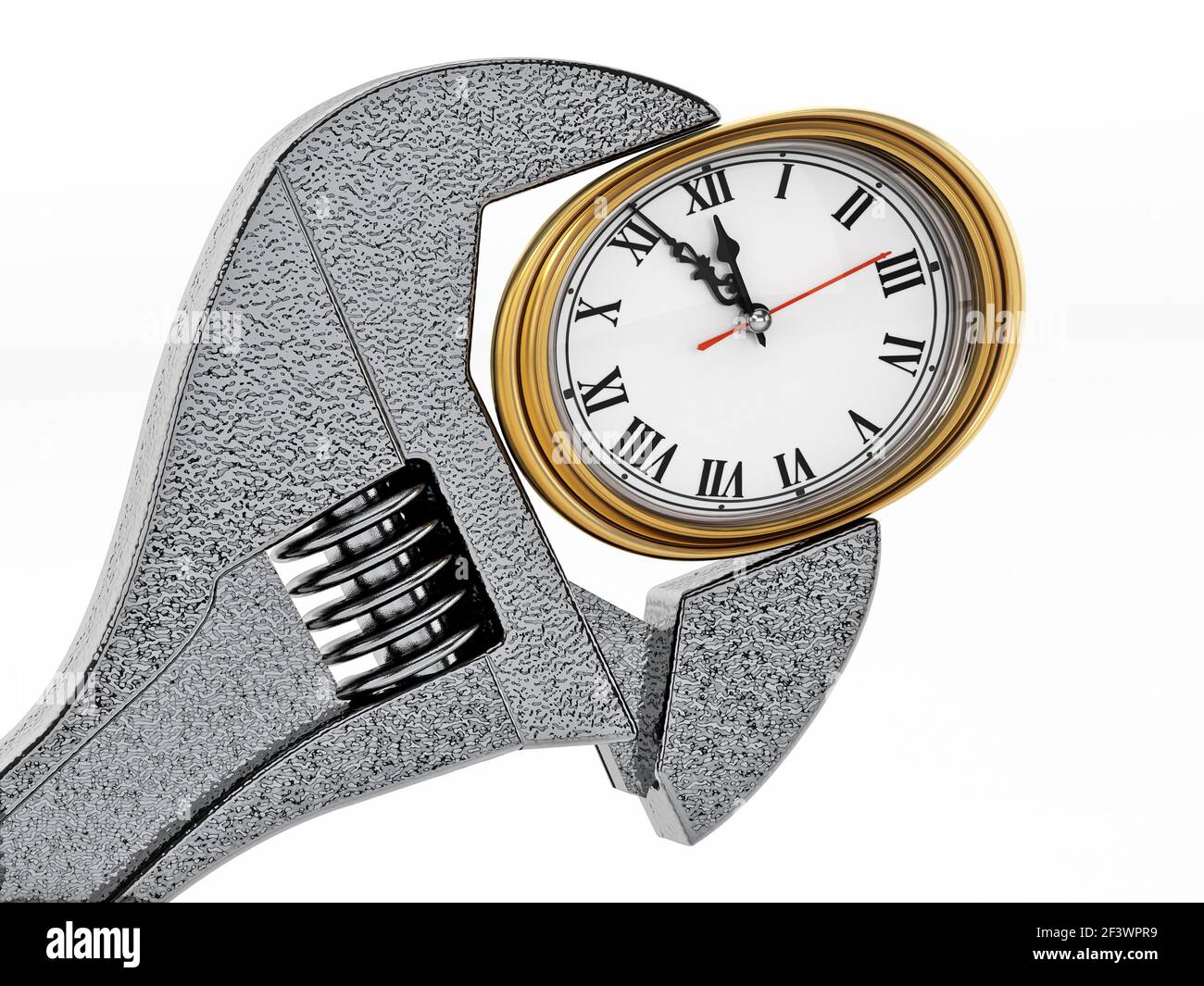 Clé et horloge isolées sur fond blanc. Illustration 3D. Banque D'Images