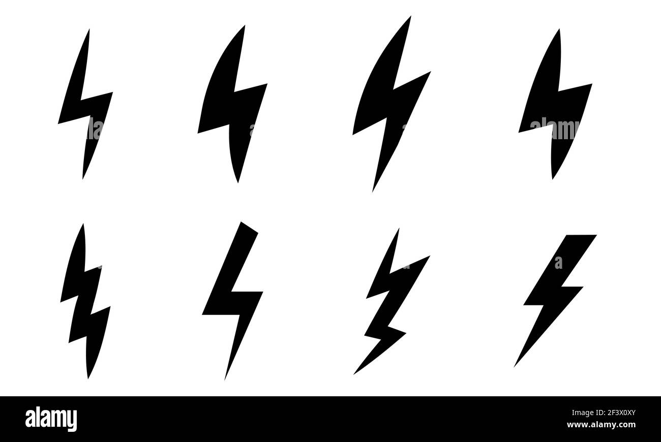 Ensemble vectoriel d'icône de boulon d'éclair noir. Modèle à boulon d'tonnerre plat. Icône de charge électrique pour applications et sites Web. Illustration de Vecteur